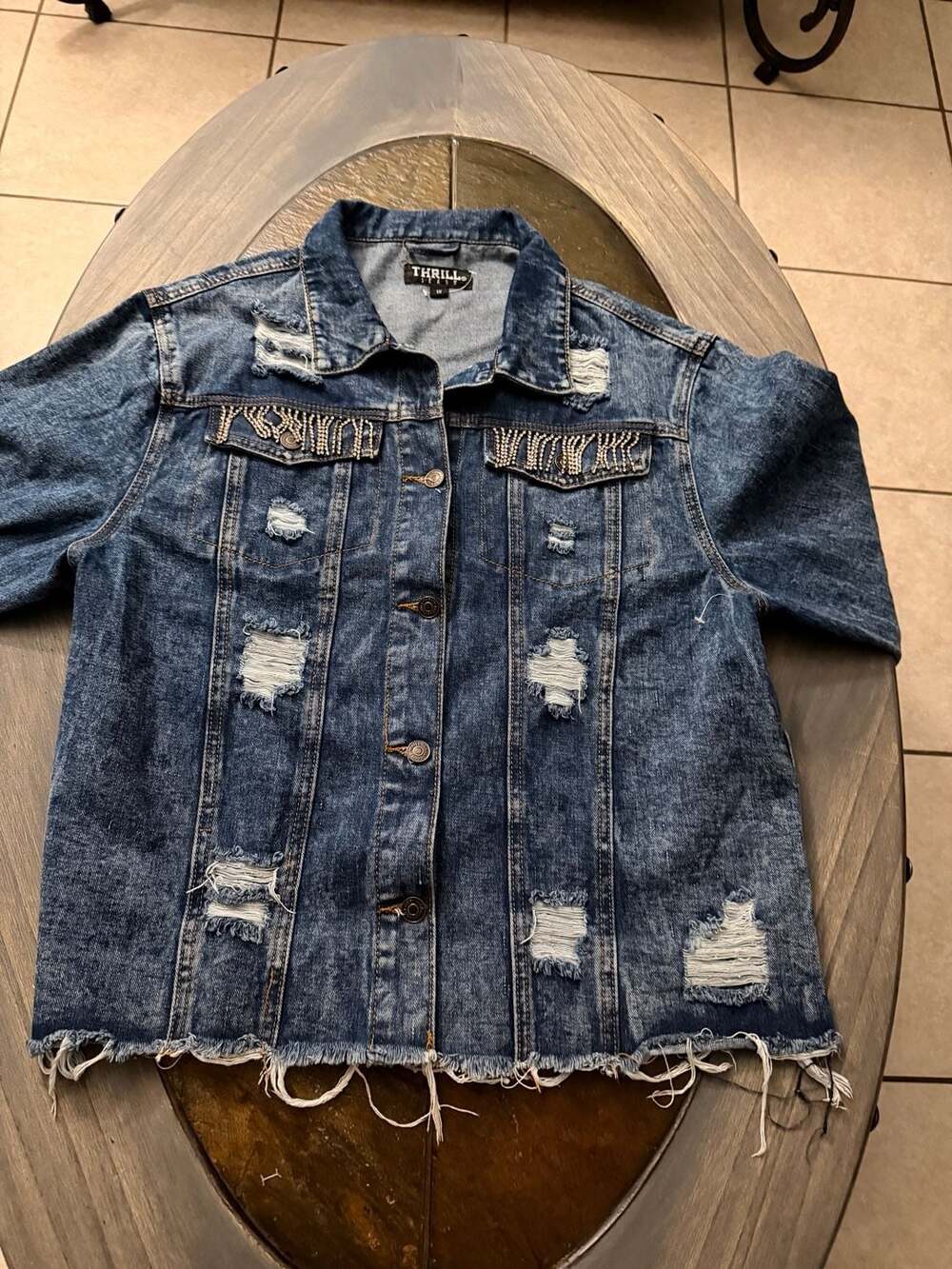 Thrill Jeans Distressed Rhinestone Fringe Denim Jacket Size 1X